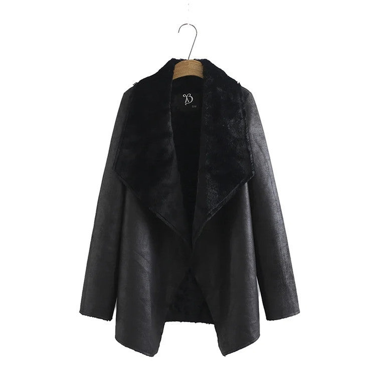 Casual Simple Mid-length Faux Fur All-in-one Leather Jacket Black