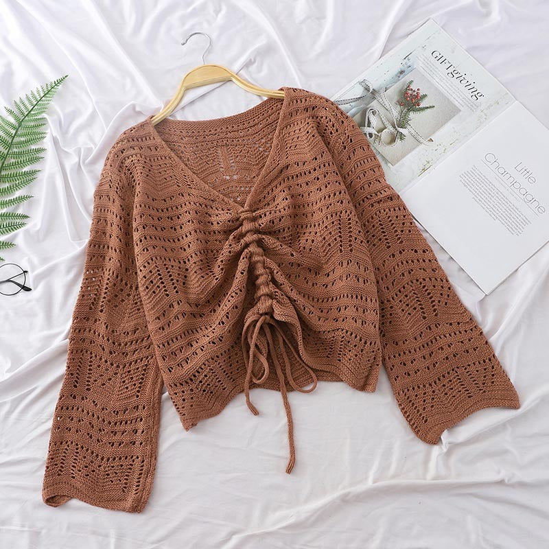 Loose Knit Sweater Short Sweater Women Long-sleeved Mesh