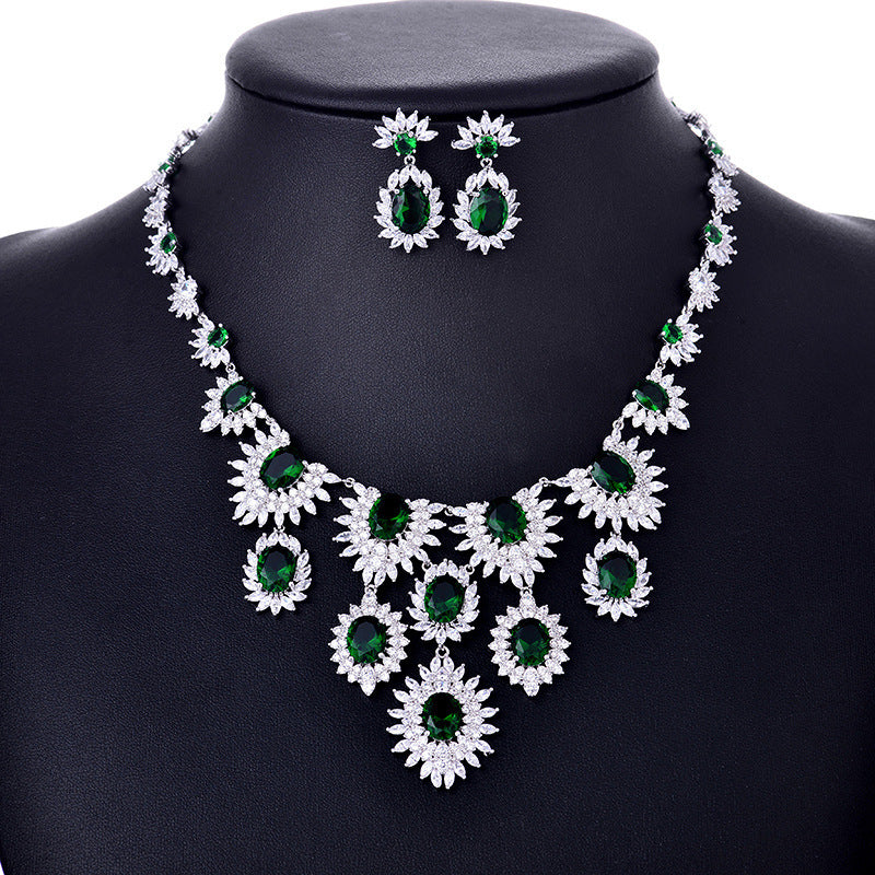 Jewelry Colorful Zircon Earrings Necklace Set Bridal Wedding Jewelry Accessories Green