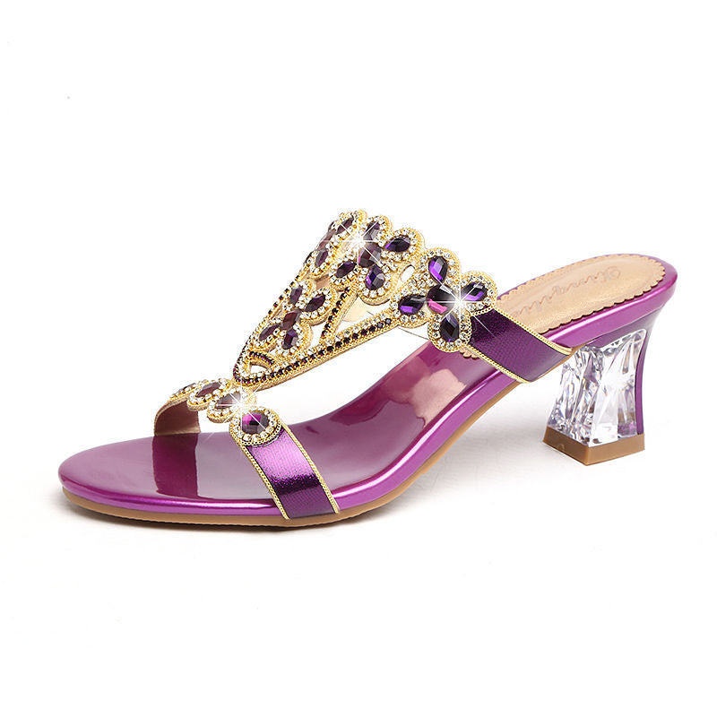 High-heeled Rhinestone Sandals Fashion Block-heeled Diamond Flower Sandals Purple Heel height 5.5cm