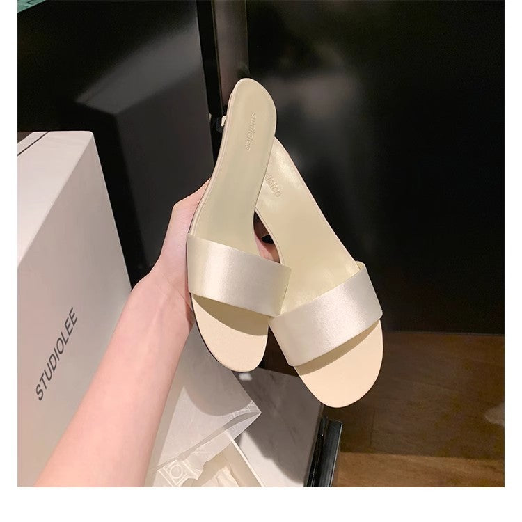 Simple Ankle Strap High Heels Small Heel Genuine Leather Sandals Milky White Silk