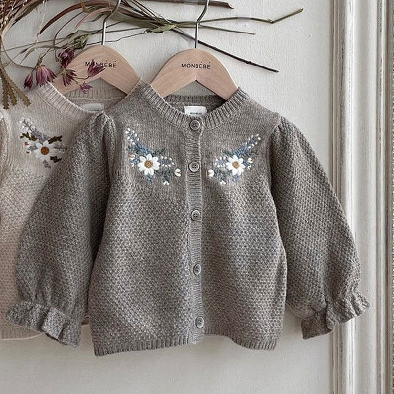 Fashionable Flower Sweater Coat For Babies And Children Grey