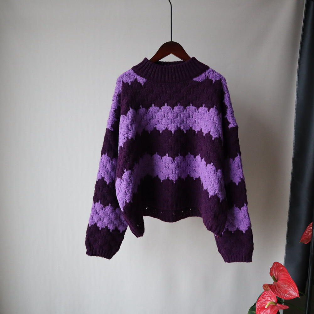 Retro Thick Sweater Contrast Striped Sweater Purple