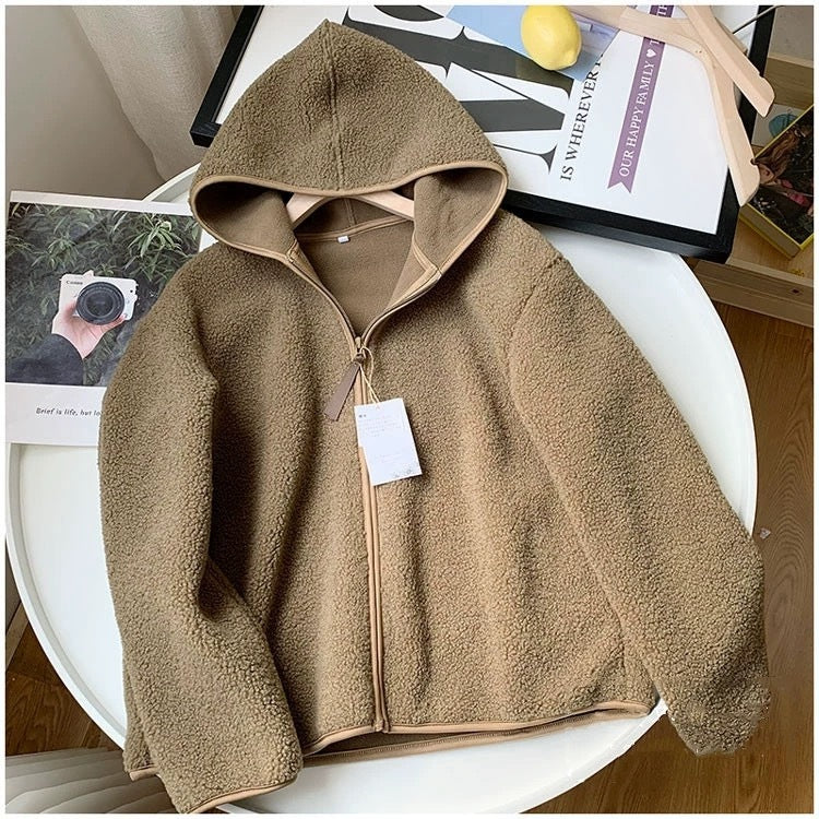 Autumn And Winter Faux Cashmere Polar Fleece Zipper Hooded Long Sleeve