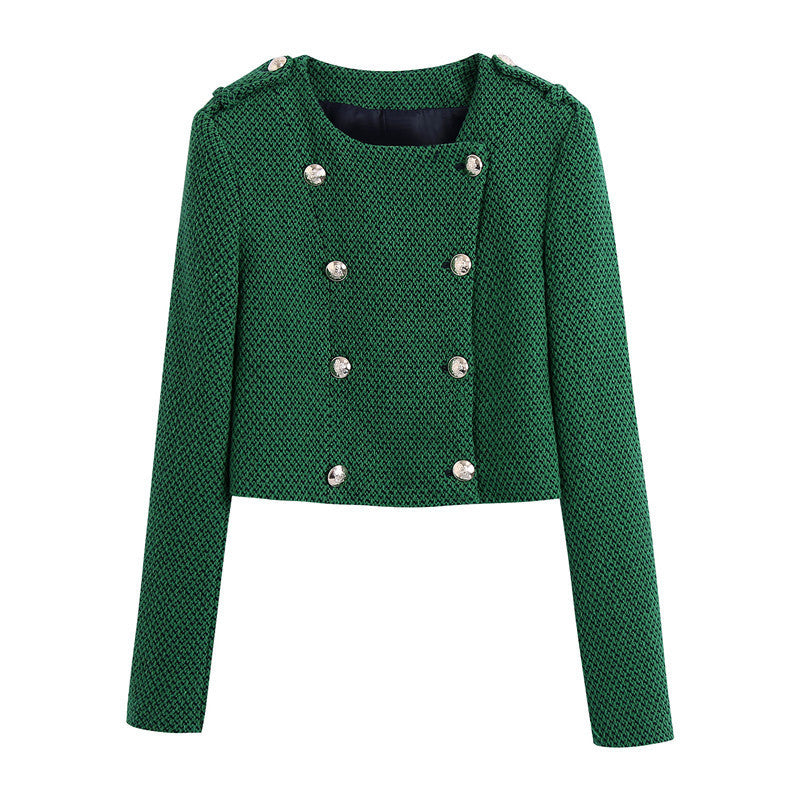 Women's Slim Short Double-Breasted Textured Jacket Green