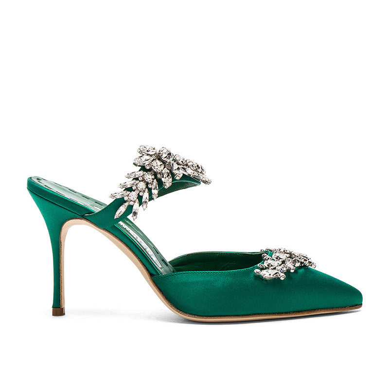 French Pointed Stiletto Rhinestone Semi-slip Heels Green