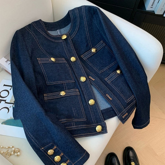 Classic Style Retro Blue Denim Coat For Women Dark Blue