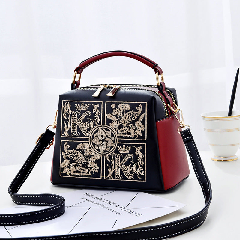 Women's Shoulder Bag Cross-body Embroidery Black Red Matching