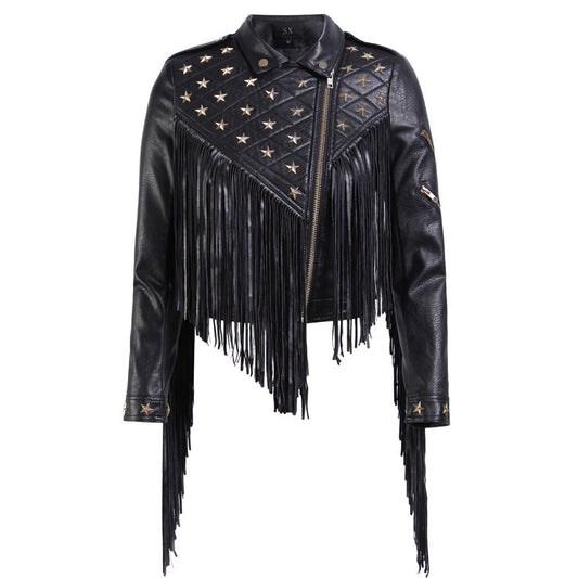 Tassel Coat Women's Leather Stud Star Short Lapel Black