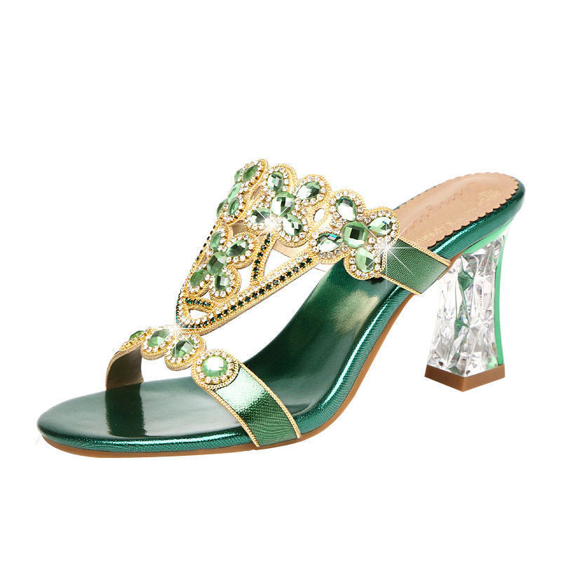 High-heeled Rhinestone Sandals Fashion Block-heeled Diamond Flower Sandals Green Heel height 8cm