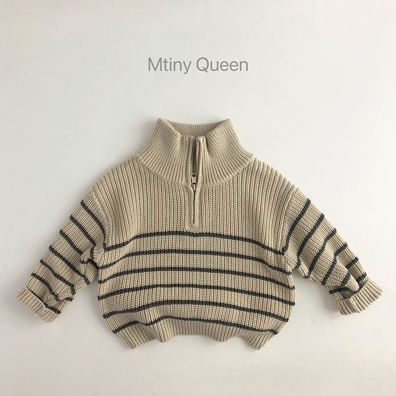 Autumn And Winter Kids' Top Baby Boy And Baby Girl Half Zipper Pullover Sweater Beige Apricot