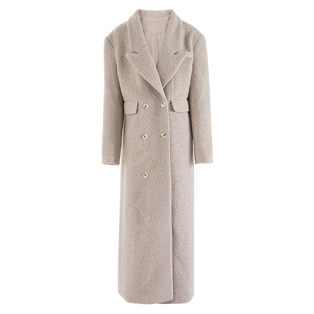 American Street Elegant High-grade Woolen Coat Double-breasted Waist-tight Design Lengthened Coat Beige