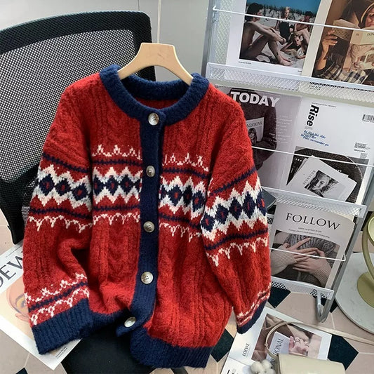 Retro Red New Year Sweater Coat For Women