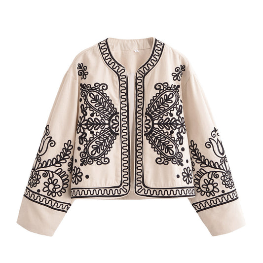 Women's Round Neck Retro Embroidered Long Sleeve Coat Picture Color