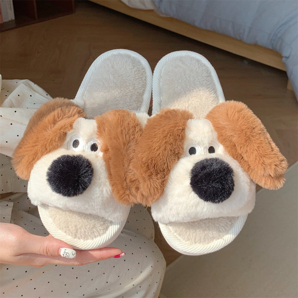 Thermal Soft Soled Confinement Shoes Women's Autumn And Winter Three-dimensional Puppy Fluffy Cotton Slippers Beige