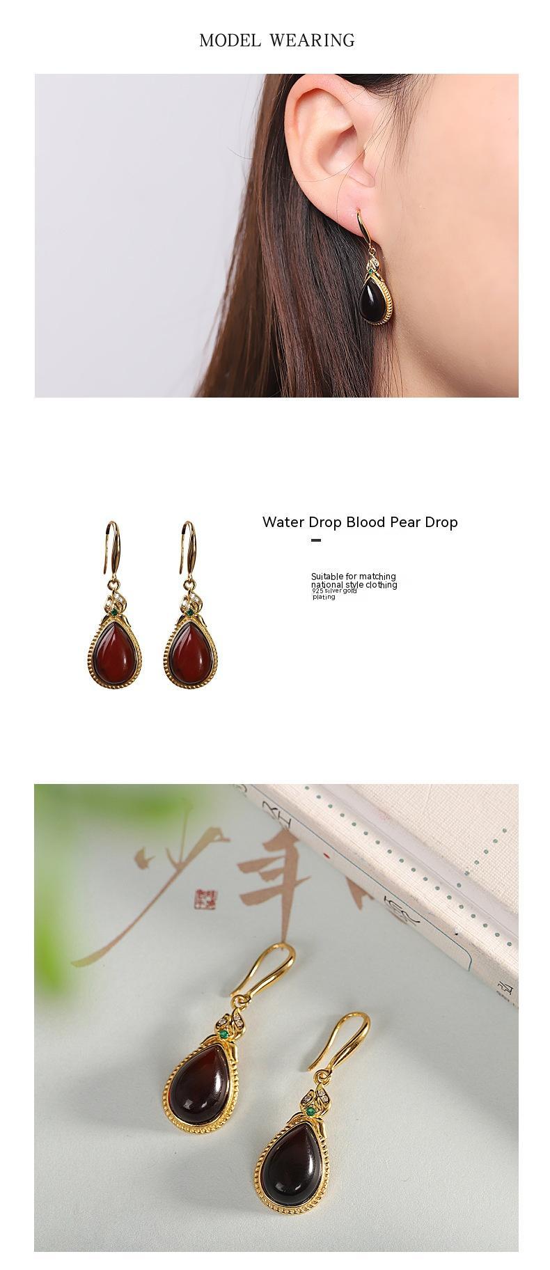 S925 Silver Gold Plated Jewelry Water Drop Blood Pearl Drop