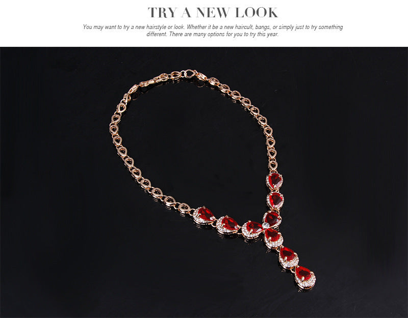 Charming Red Gemstone Jewelry Four-piece Set European And American Wedding Accessories