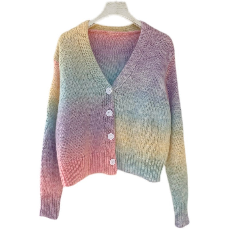 Gradient V-neck Sweater Sweater Long-sleeved Cardigan Jacket Gradient One size