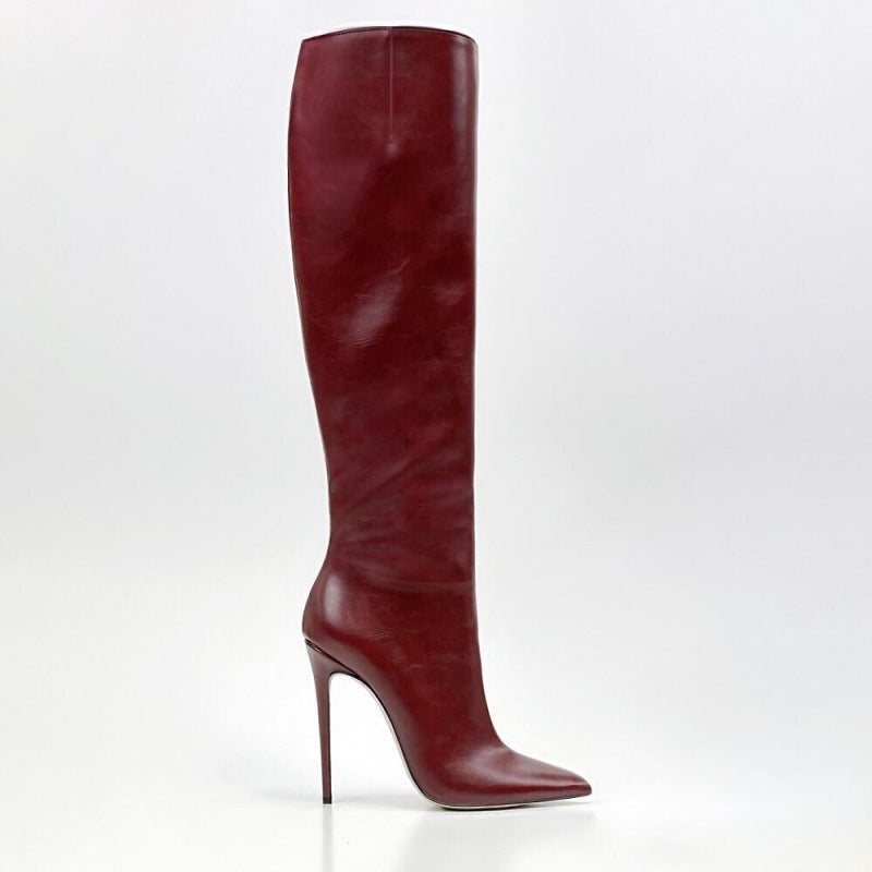 Pointed Toe Stiletto Heel High Leg Boot Foreign Trade Women's Boots Wine Red