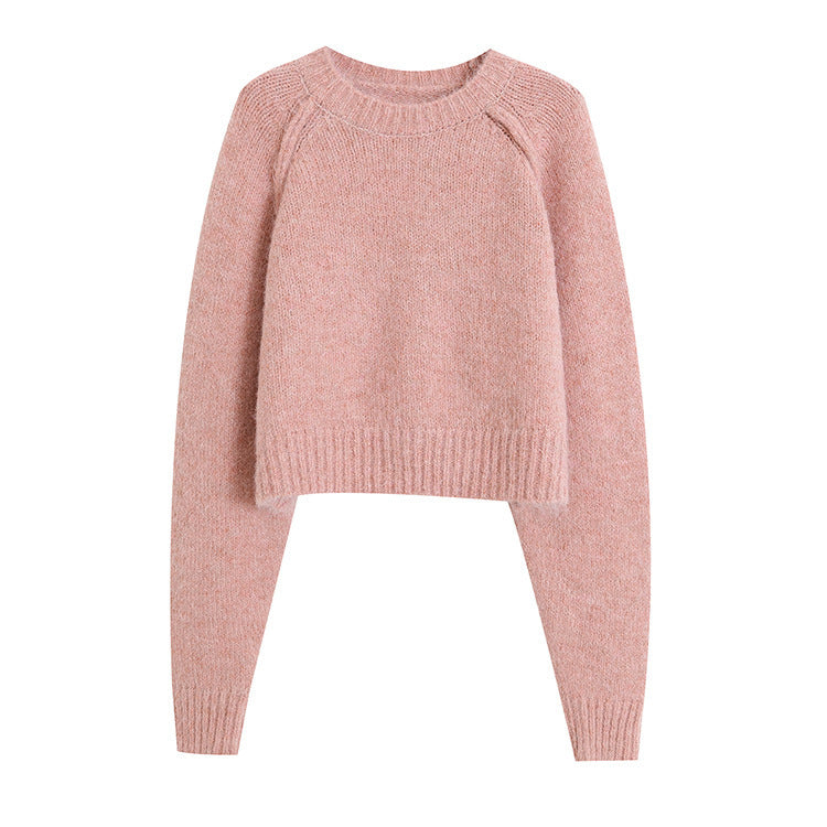 French Style Simple Temperament Leisure Round Neck Sweater Pink Free Size