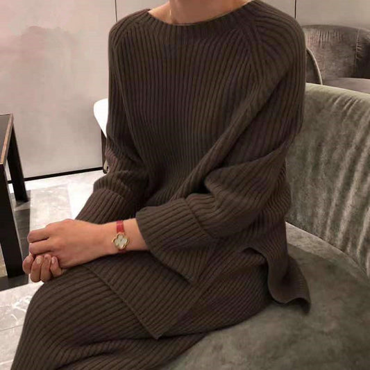 Knit Sweater Sweater Wide Leg Pants Two-piece Suit Coffee One size