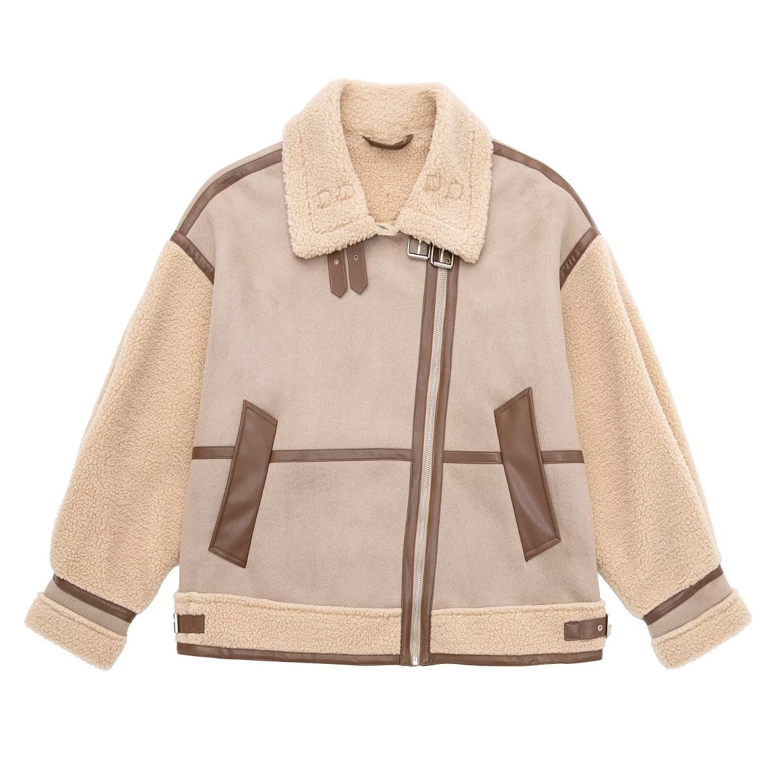 Fashionable All-match Stitching Lapel Long-sleeved Jacket Jacket Khaki