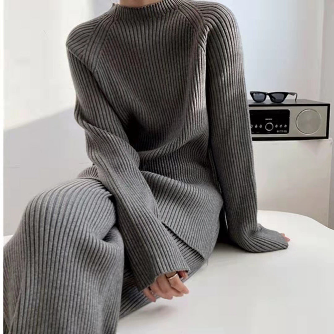 Knit Sweater Sweater Wide Leg Pants Two-piece Suit Grey B One size