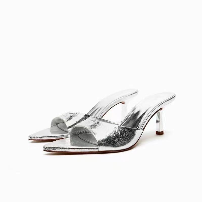 Summer New Leather Metal High Heels Silver