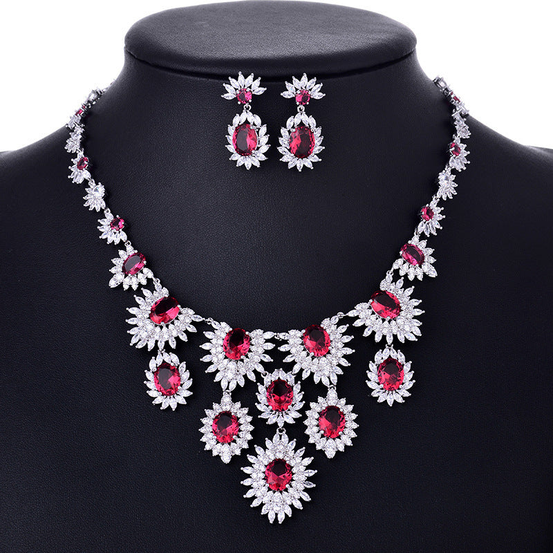 Jewelry Colorful Zircon Earrings Necklace Set Bridal Wedding Jewelry Accessories Red