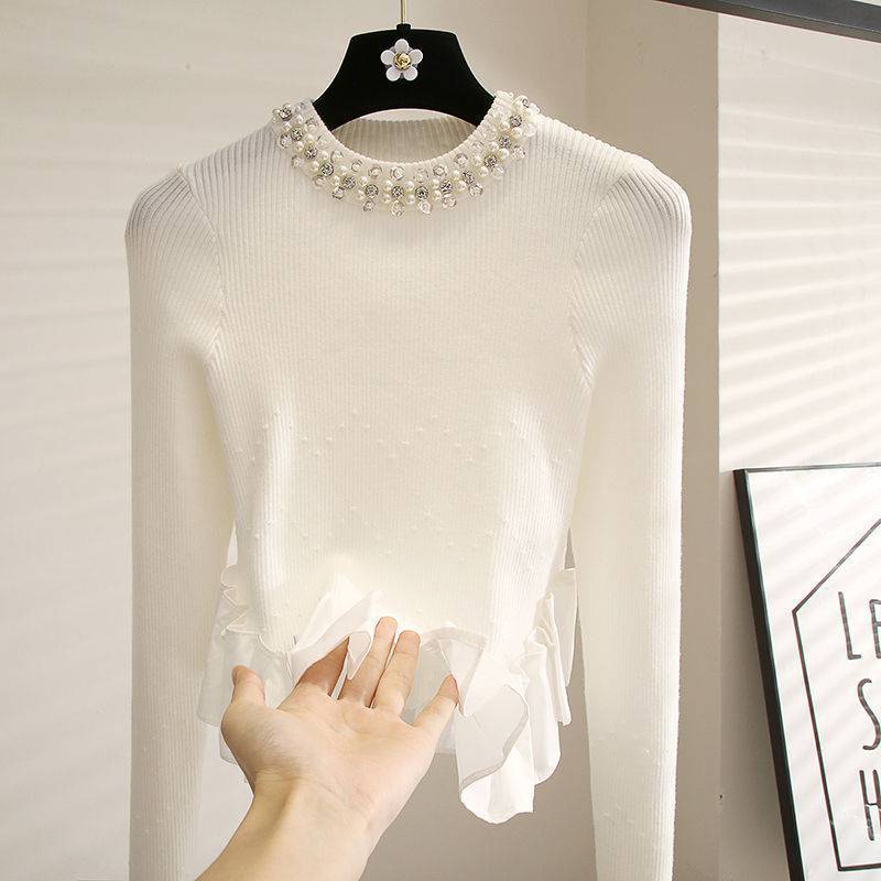 Beaded Design Sense Lace Stitching Black Temperament Sweater Top For Women White