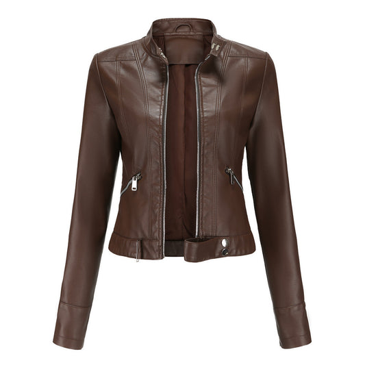 Ladies Leather Jacket With Stand-up Collar Coffee