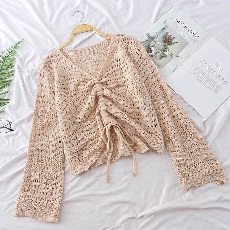 Loose Knit Sweater Short Sweater Women Long-sleeved Mesh Pink