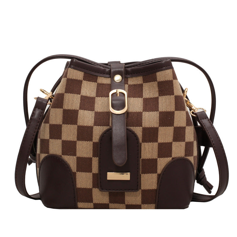 Checkered Drawstring Personality Bucket Bag Shoulder Bag Messenger Bag Coffee