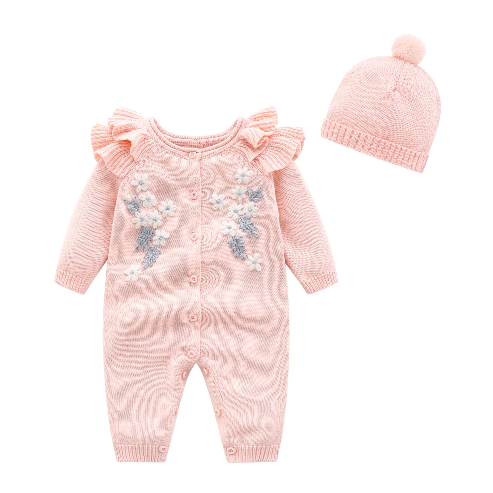 Baby Girl Princess Embroidered Flower Knit Romper Long Sleeve Onesie Jumpsuit Pink