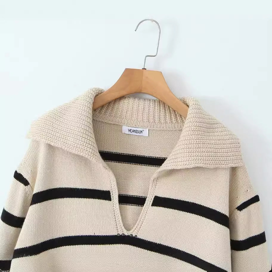 Women's Loose Casual Large Lapel Striped Long Sleeve Sweater