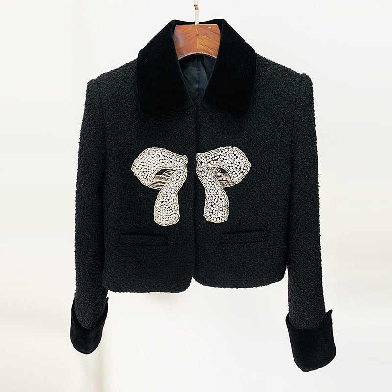 Autumn And Winter New Bow Beaded Jacket Coat Black