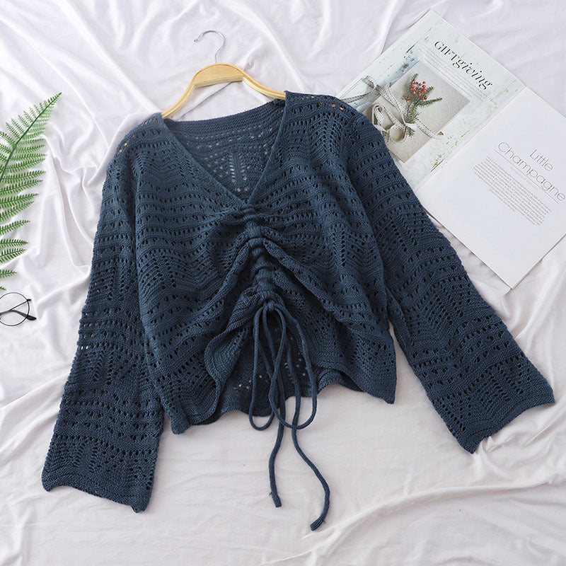 Loose Knit Sweater Short Sweater Women Long-sleeved Mesh Blue