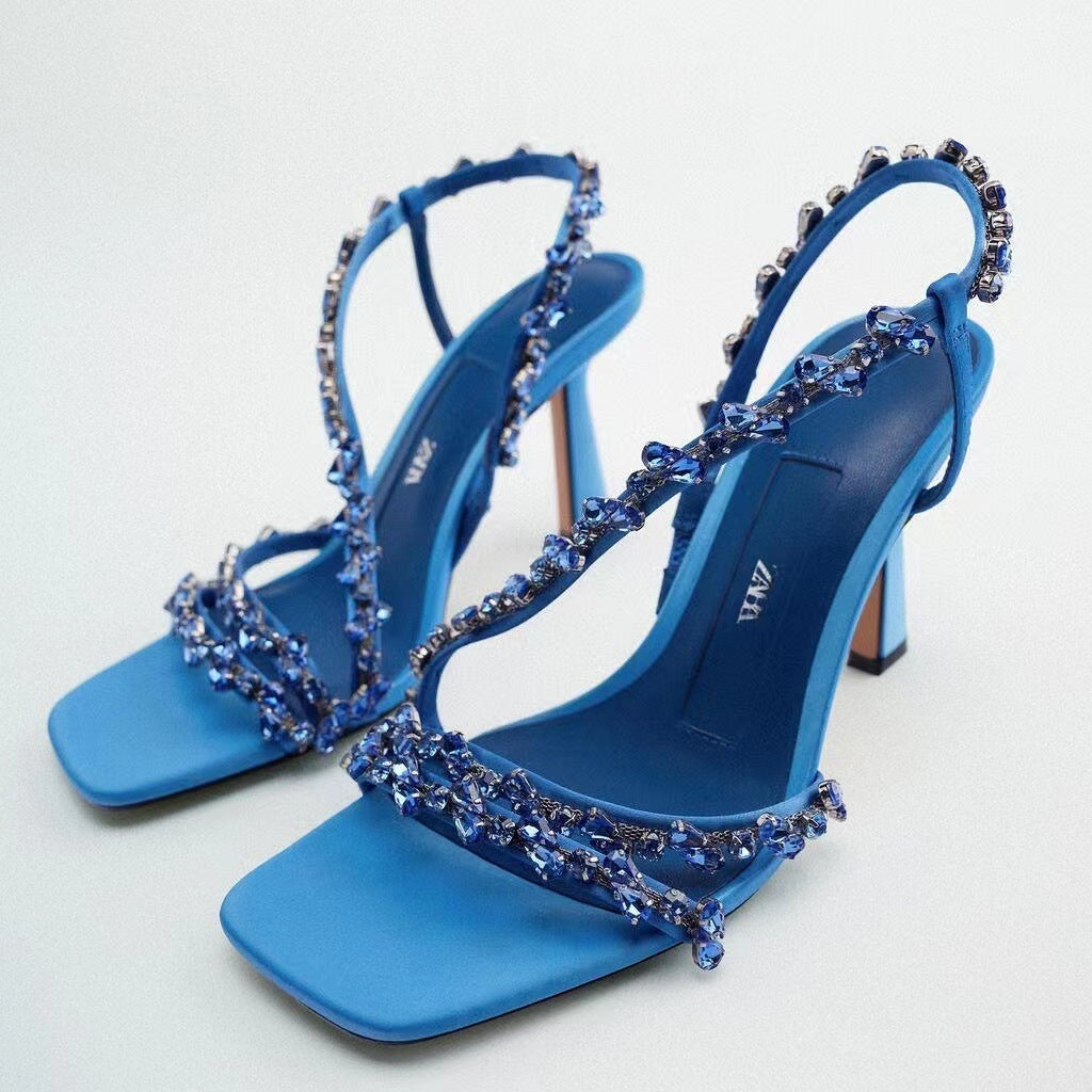 High Heel Stiletto Round Head Satin Solid Color Rhinestone Shiny Ornament Light Blue