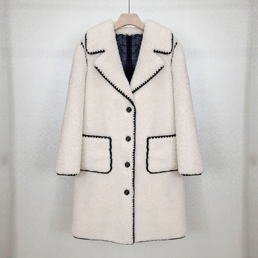 Fashion Women's Wear Casual Black And White Contrast Color Suit Collar Loose Long Furry Thick Overcoat Coat