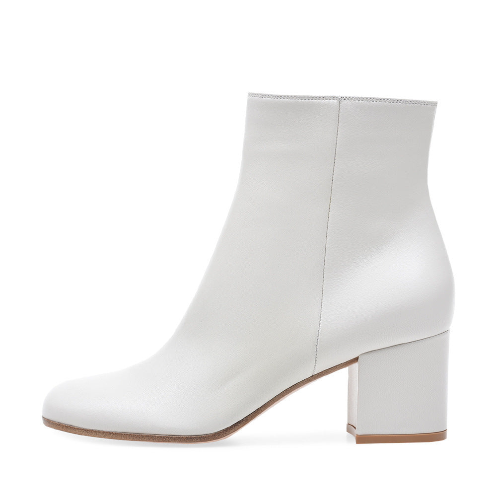 Women's Chunky Heel Round Toe Mid Heel Boots White Leather