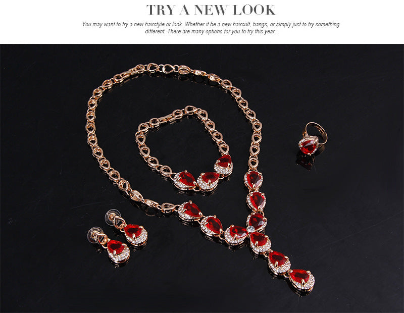 Charming Red Gemstone Jewelry Four-piece Set European And American Wedding Accessories