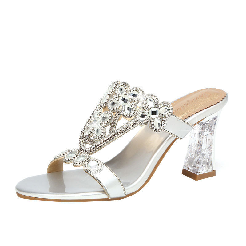 High-heeled Rhinestone Sandals Fashion Block-heeled Diamond Flower Sandals Silver Heel height 8cm