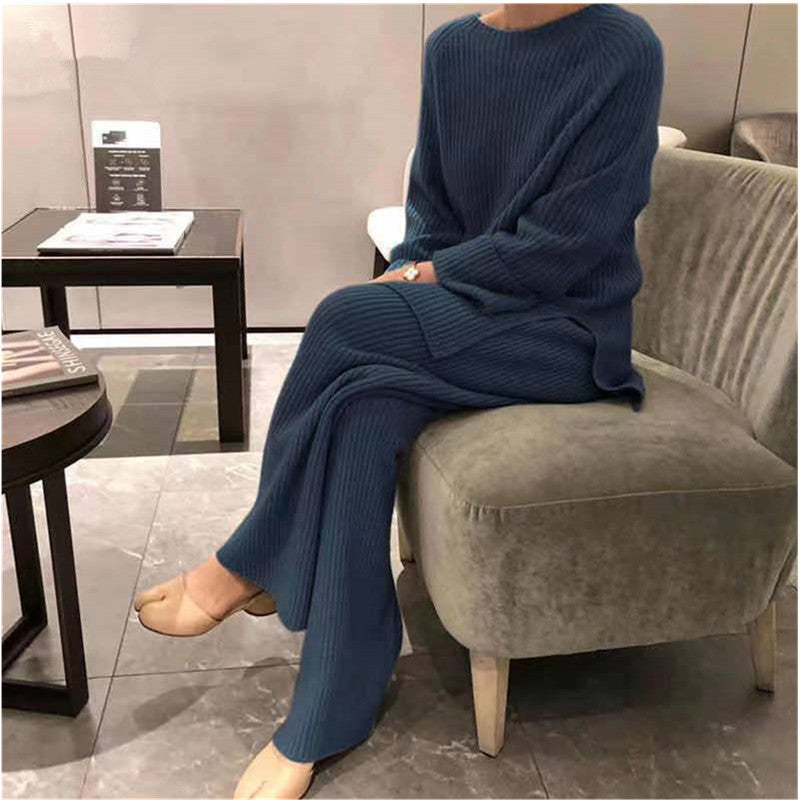 Knit Sweater Sweater Wide Leg Pants Two-piece Suit Blue One size