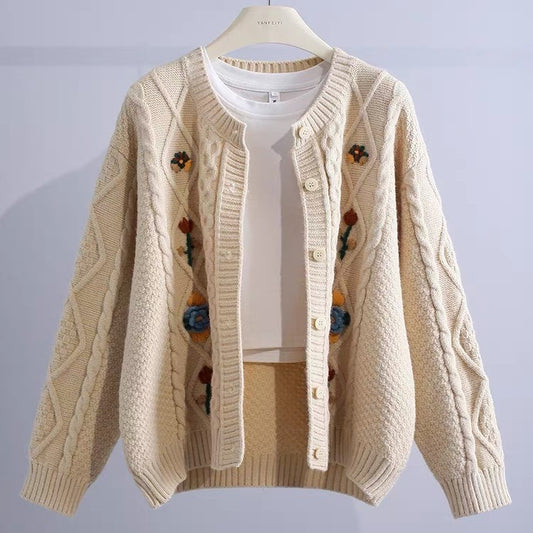 Retro Machine Embroidery Cable-knit Sweater Outerwear Shirt