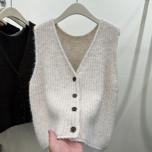 Solid Color Loose-fitting Versatile Sleeveless Cardigan Sweater Vest Women's Knitted Vest Waistcoat Top Beige Free Size