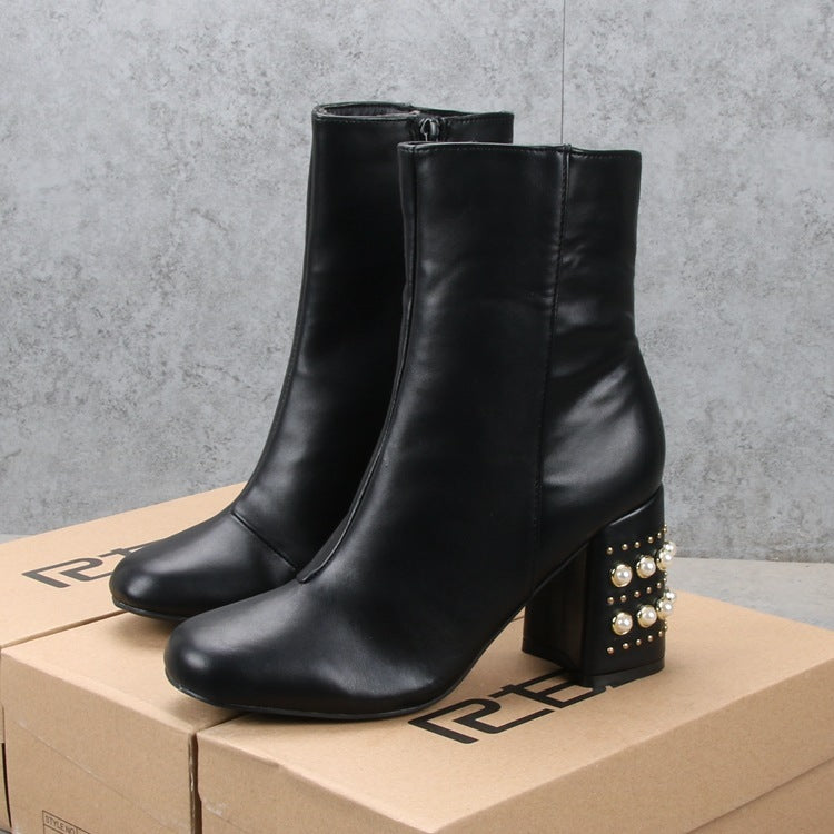 Fashion Casual High-heeled Thick-heel Square Toe Martin Boots Women Black