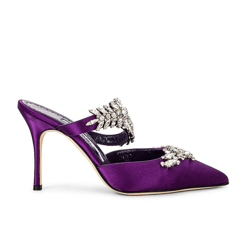 French Pointed Stiletto Rhinestone Semi-slip Heels Purple