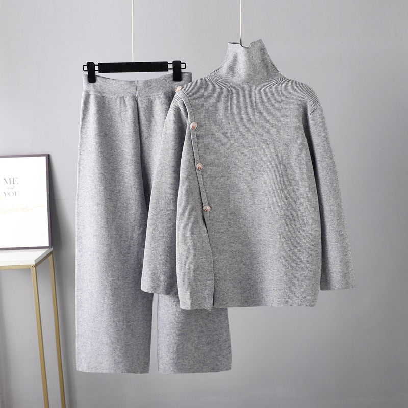 Niche Stand Collar Slit Knitted Turtleneck Sweater Wide Leg Pants Two-piece Set Gray Average Size