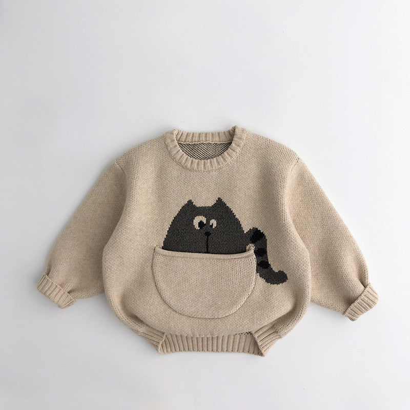 Kids' Sweater Pocket Autumn And Winter Men's And Women's Fashionable Cartoon Pullover Sweater Loose Beige