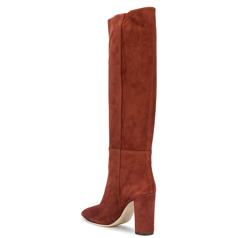 Brown Pointed Toe Thick High-heeled Knee Boots